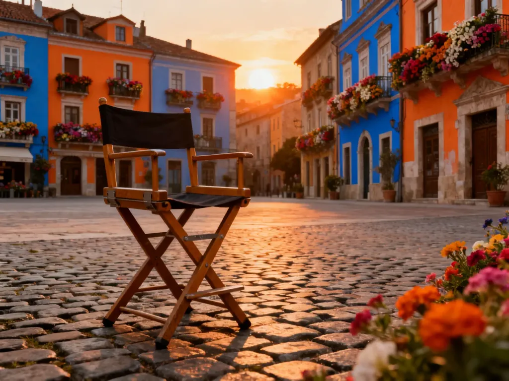 Malowniczy rynek europejskiego miasteczka z krzesłem reżyserskim, będący scenerią dla filmu „Planeta Singli 4”.
