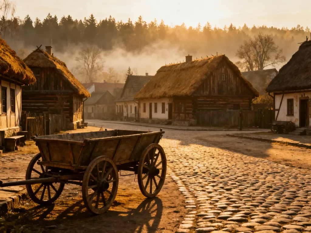 Malowniczy rynek wiejski z drewnianymi chatami i wozem w stylu lat 20., oddający klimat planu filmowego „Znachora”.