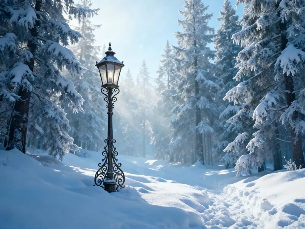 Zimowy, zaśnieżony las z charakterystyczną latarnią, nawiązujący do magicznego świata Narnii.