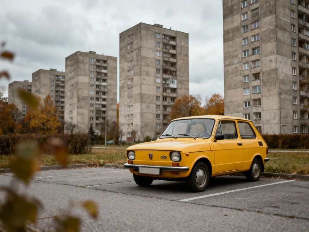Blok z wielkiej płyty z zaparkowanym żółtym Fiatem 126p, nawiązujący do klimatu serialu „Alternatywy 4”.