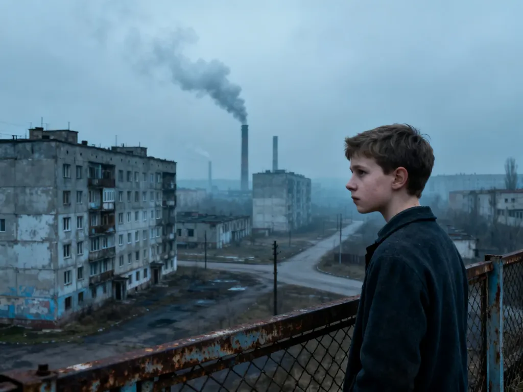 Chłopiec stojący przy zardzewiałym płocie na tle surowych, betonowych blokowisk w industrialnym, sennym mieście lat 80.
