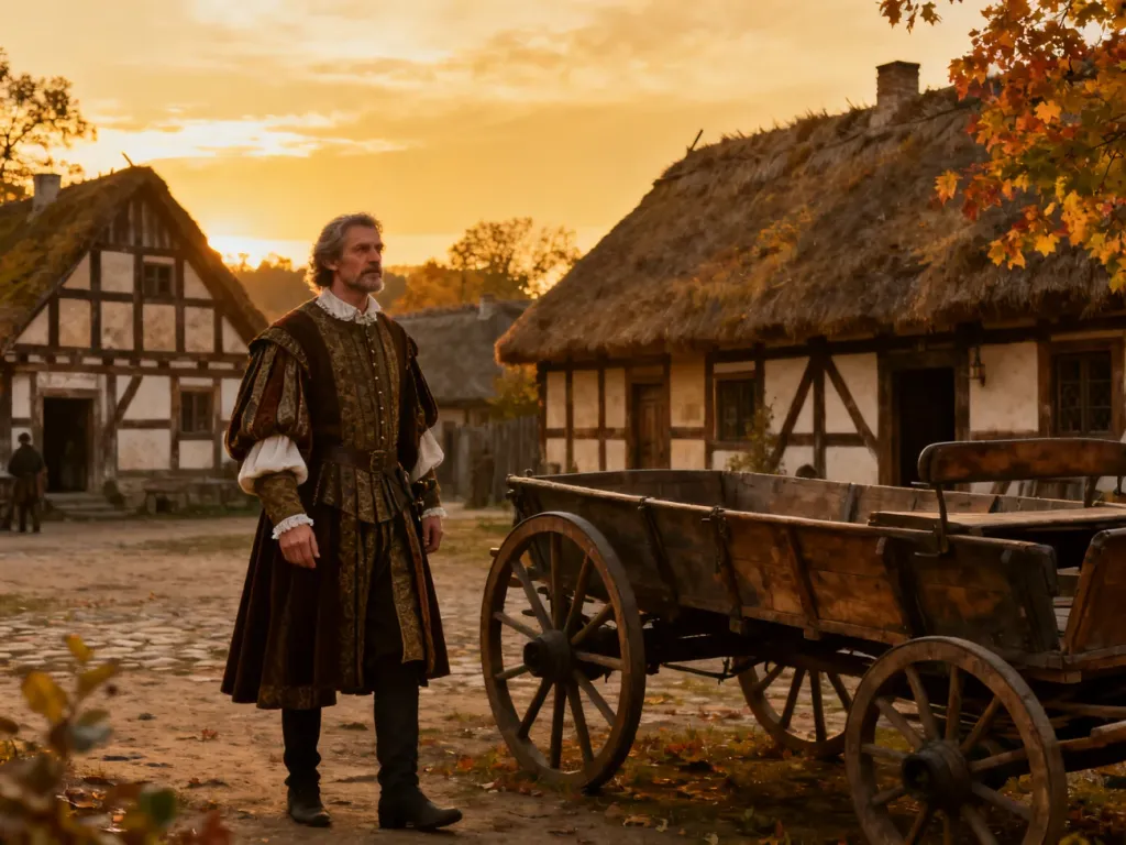 Szlachcic stoi przy drewnianym powozie na tle wiejskiej zabudowy z XVII wieku, gdzie kręcono serial „1670”.